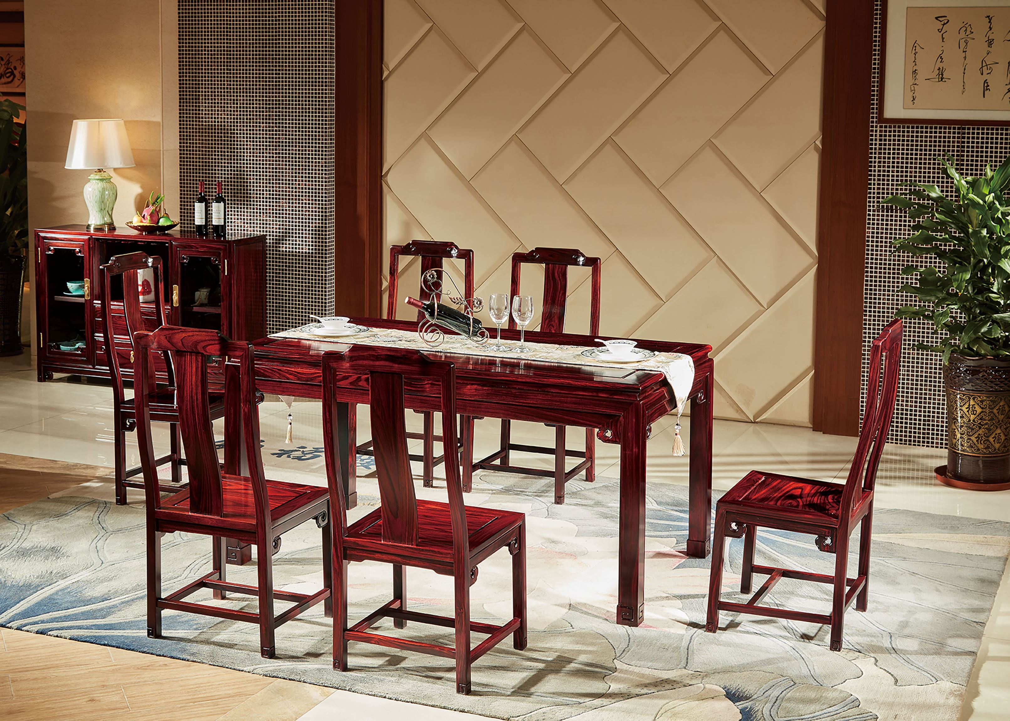 平安玉兰长方餐台+小酒柜